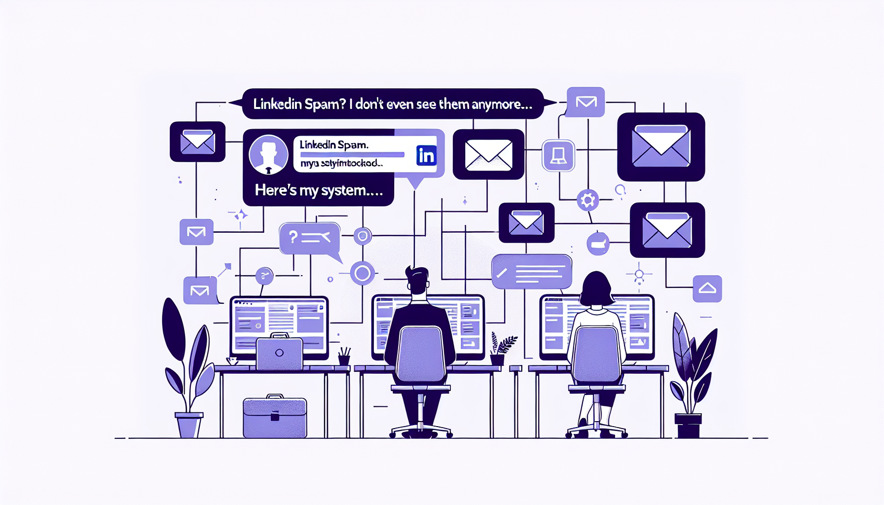 Professional illustration representing: LinkedIn Spam? I Don't Even See Them Anymore. Here's My System.